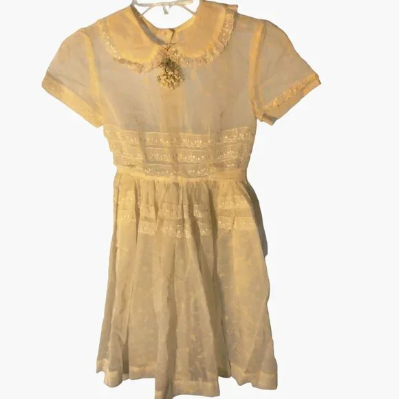 Hollywood Creations Girl Dress Size 8 Vintage Embroidered Lace White Floral 1950 - Picture 1 of 10
